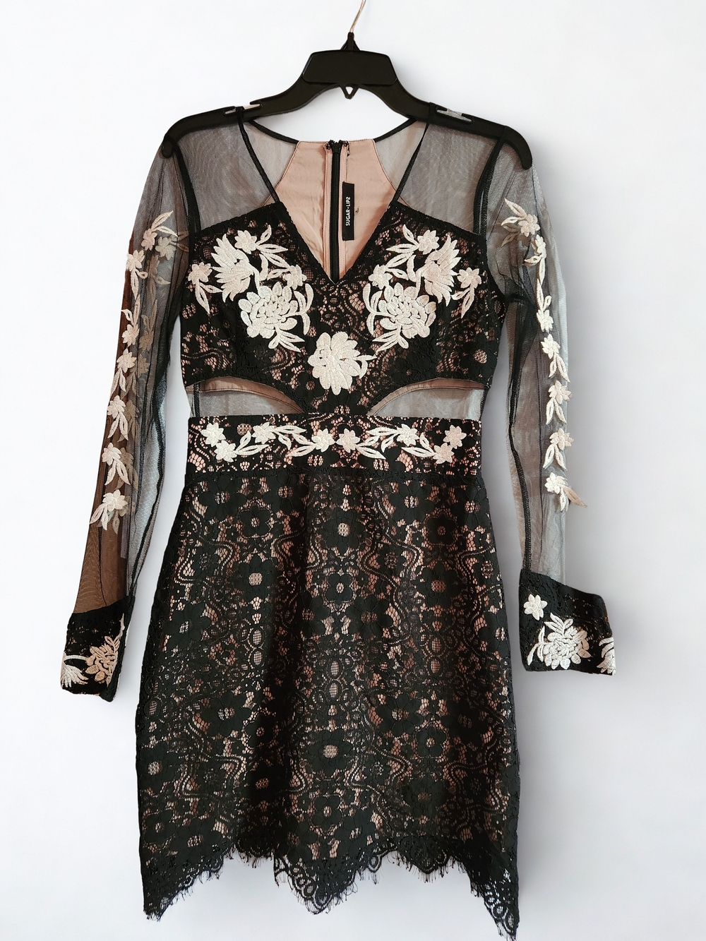 Sugar+Lips Black Lace Long Sleeve Dress with Nude Lining & Ivory Floral Appliqué